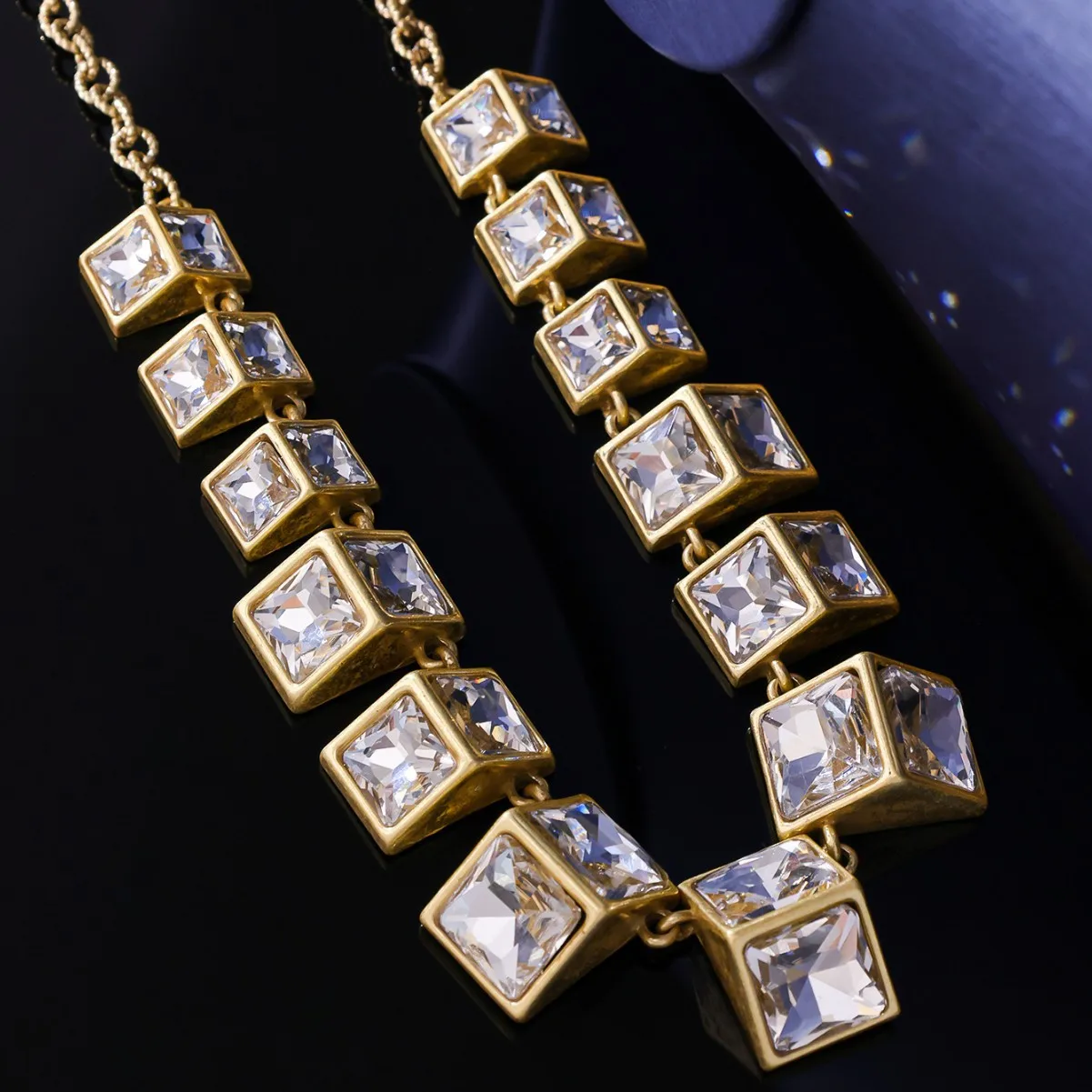 artificial crystal necklace personality temperament clavicle chain Quadrate diamond necklace ear stud