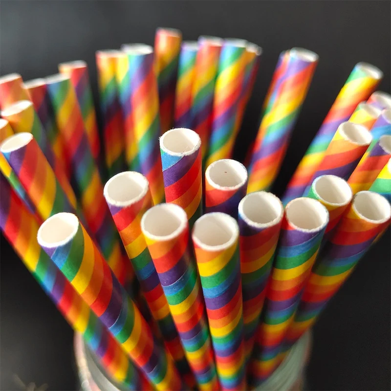 100PCS Rainbow Stripe Drinking Straws Disposable Biodegradable Paper Straw For Wedding Birthday Party Bar Supplies Decorations