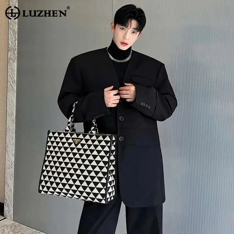 

LUZHEN Splicing Design Blazers Trendy Color Pleated Original Solid Elegant Handsome Suit Jacket Pleated Men's Clothing JY5969