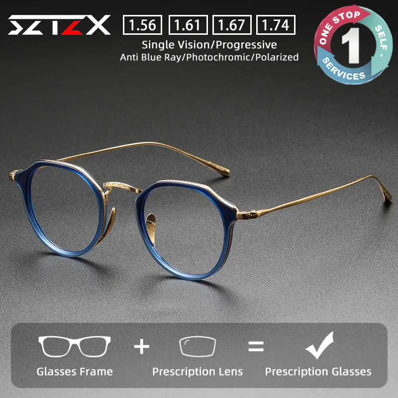 SZTZX Vintage Classic Versatile Prescription Glasses Anti Blue Light Acetate Frame Titanium Temple Progressive Reading Eyewear