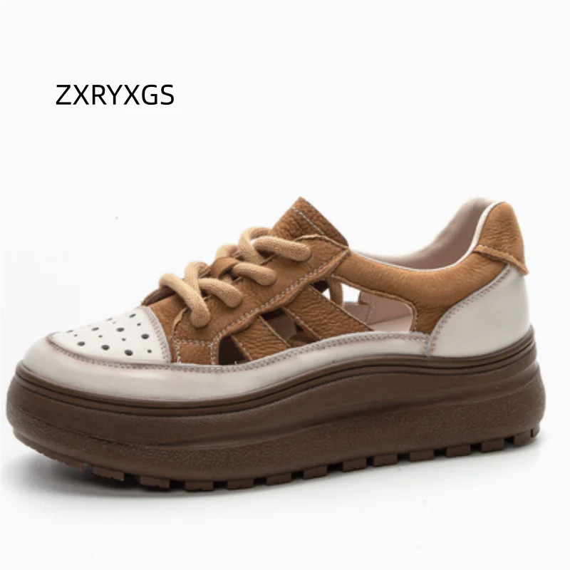 ZXRYXGS 2026 New Round Toe Lace-up Women Cowhide Sandals Hollow Spell Color Summer Sneakers Sandals Platform Elevated Sandals