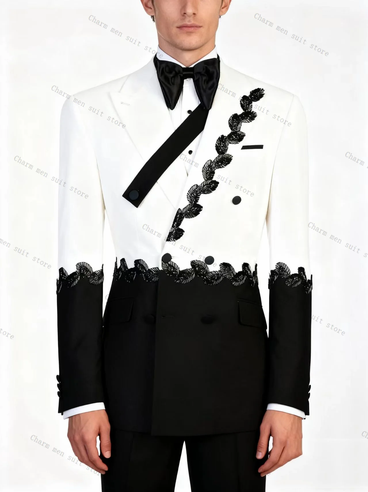 ชุดสูทผู้ชายสีขาวดำ 2 ชิ้น ประดับคริสตัล เสื้อเบลเซอร์+กางเกงขายาว ผ้าฝ้าย ชุดทักซิโด้สำหรับงานแต่งงาน ชุดทำงานทางการ ชุดเจ้าบ่าว เสื้อแจ็คเก็ต