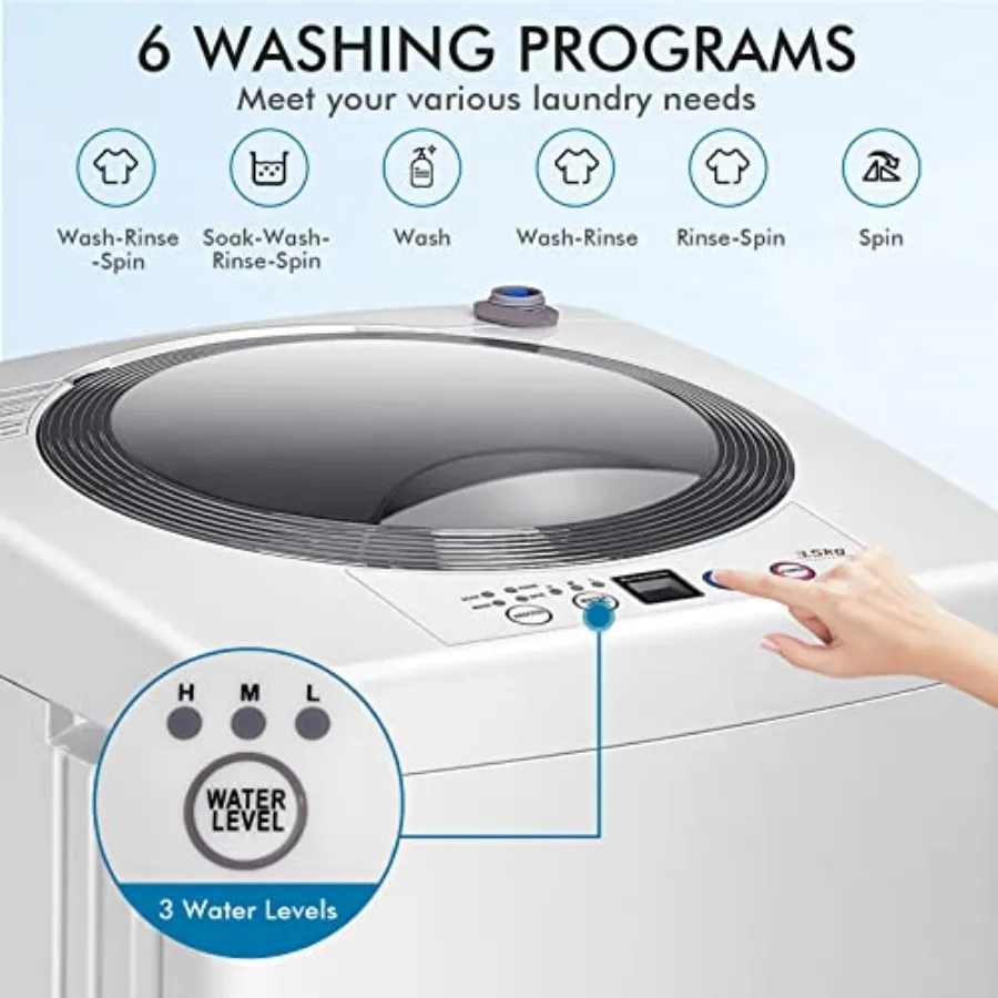 Portable Washing Machine 8Lbs Capacity Full-automatic Washer with 6 Wash Programs LED Display 3 Water Levels Compact Laundry Wa