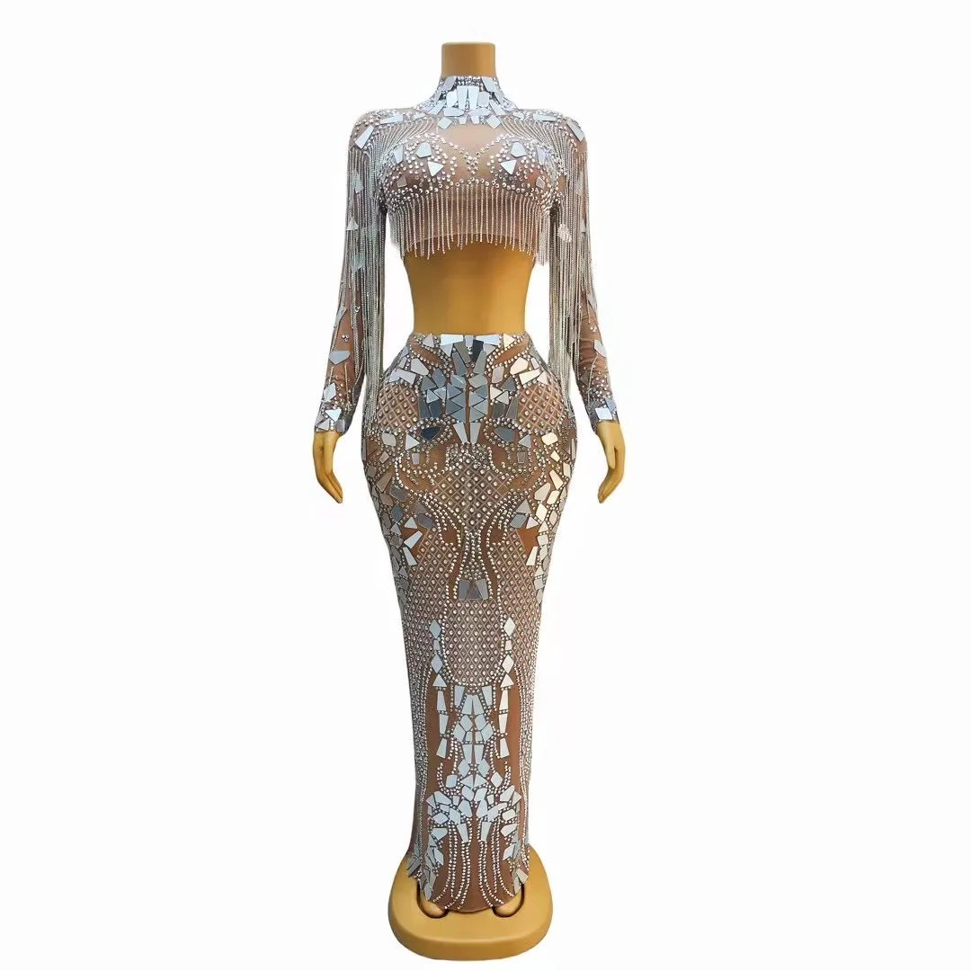 

Sparkly Silver Rhinestone Mirror TransparentT-shirt Long Skirt Women's Birthday CelebratePear Clothes Dancer Outfit Set C247