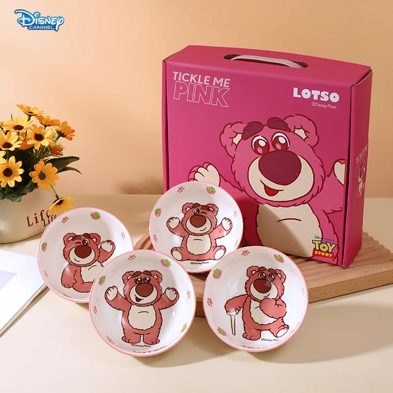 Disney 4pcs Stitch Dinner Bowl Home Ceramic Rice Bowl Kids Bowl Cartoon Little Winnie the Pooh Strawberry Bear Kitchen Gift Set