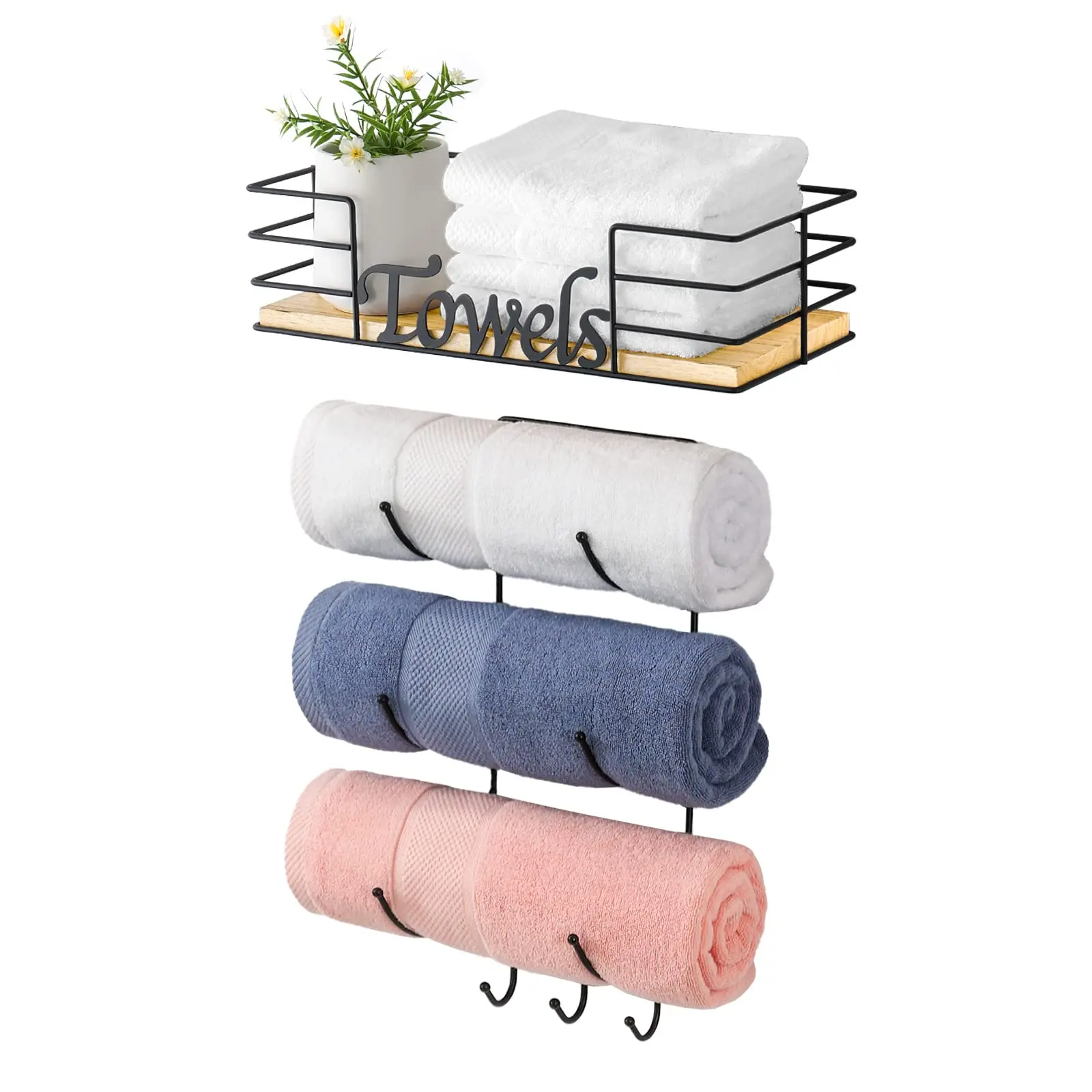 

Wall Mounted Towel Holder With Wooden Shelf And 3 Hooks Black Metal Rack For Bathroom