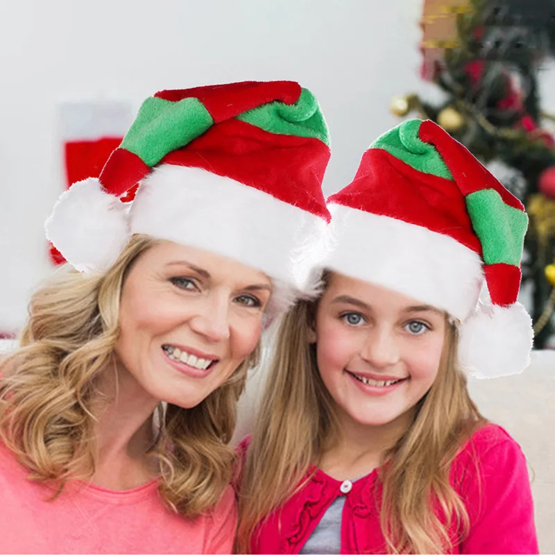 

2pcs Red and Green Christmas Hats for Adults and Children Decorations Long and Short Plush Red and White Checkered Hats Gift