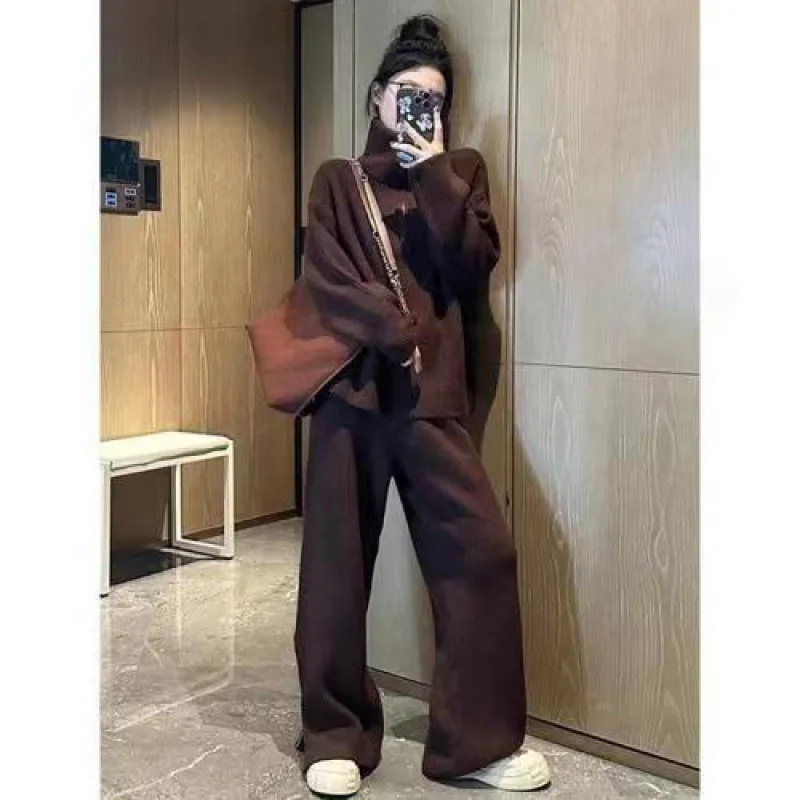 Casual Style High Neck Sweater Set For Women\'s Autumn And Winter 2024 New Fashion Knitted Casual Wide Leg Pants Two-Piece Set