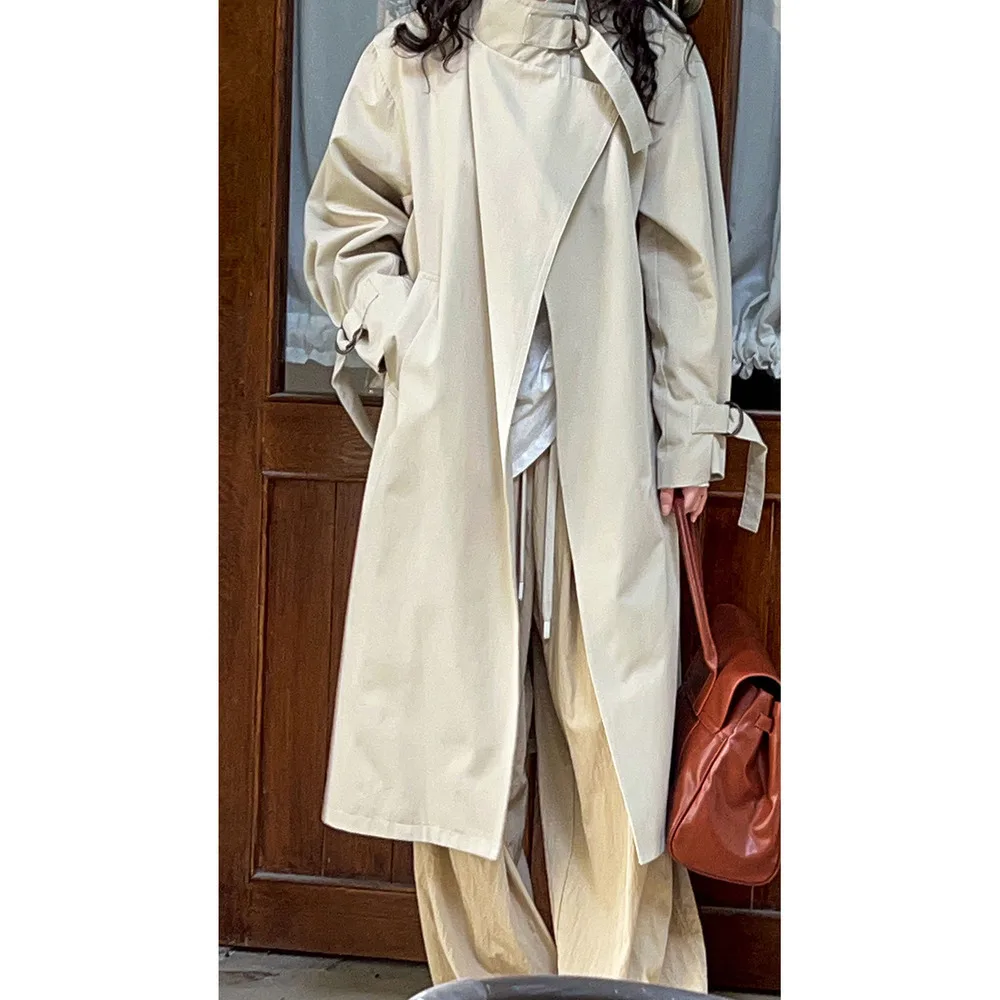 

Open Front Long Trench Coat Belted Neck Mid-length Autumn Over-the-knee Coat Women