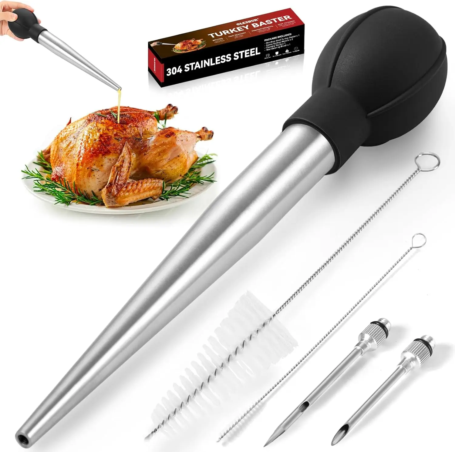 

Stainless Steel Turkey Baster for Cooking - Large Baster Syringe with 2 Needles & Cleaning Brushes for Thanksgiving Christmas
