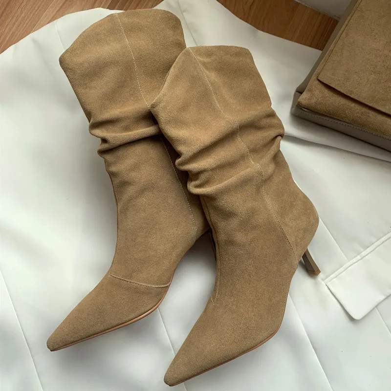 Slip On High Heel 6.5 CM Women Simple Shoes Korea Style botas Cow Suede Ankle Boots Pointed Toe Winter Shoes Woman Modern Boots