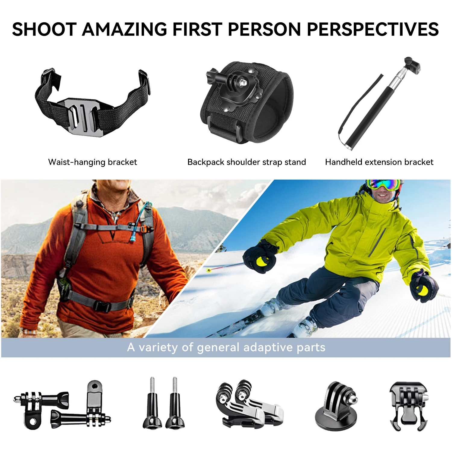 مجموعة مغامرات Pro 50 في 1 لـ GoPro 13/12/11، DJI Action 5/4، Insta360 Ace - 360 °   حاملات الدراجة/الخوذة/الصدر وحقيبة مقاومة للماء