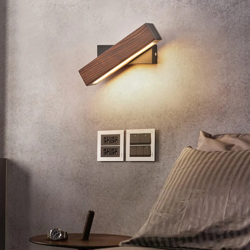 Nordic Simple Wooden LED Wall Lamp Modern Angle Adjustable Lighting Button Switch Living Room Bedroom Bedside Reading Wall Light