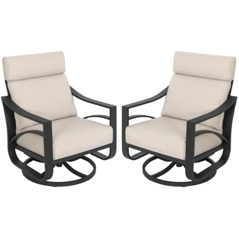 2-Piece Rotating Outdoor Lounge Chairs with 360-Degree Swivel Base High-Back Ergonomic Design Powder-Coated Aluminum Frame Beige