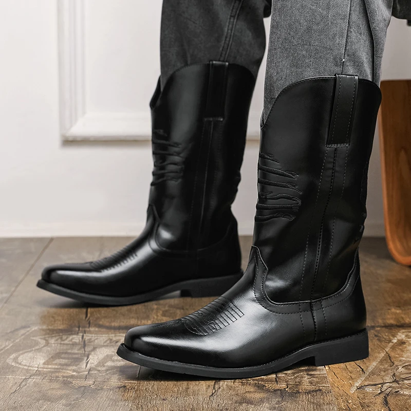 Men Vintage Western Cowboy Boots Retro Embroidery Mid Calf Boots Slip On Leather Classic Country Riding Boots For Daily Outdoor