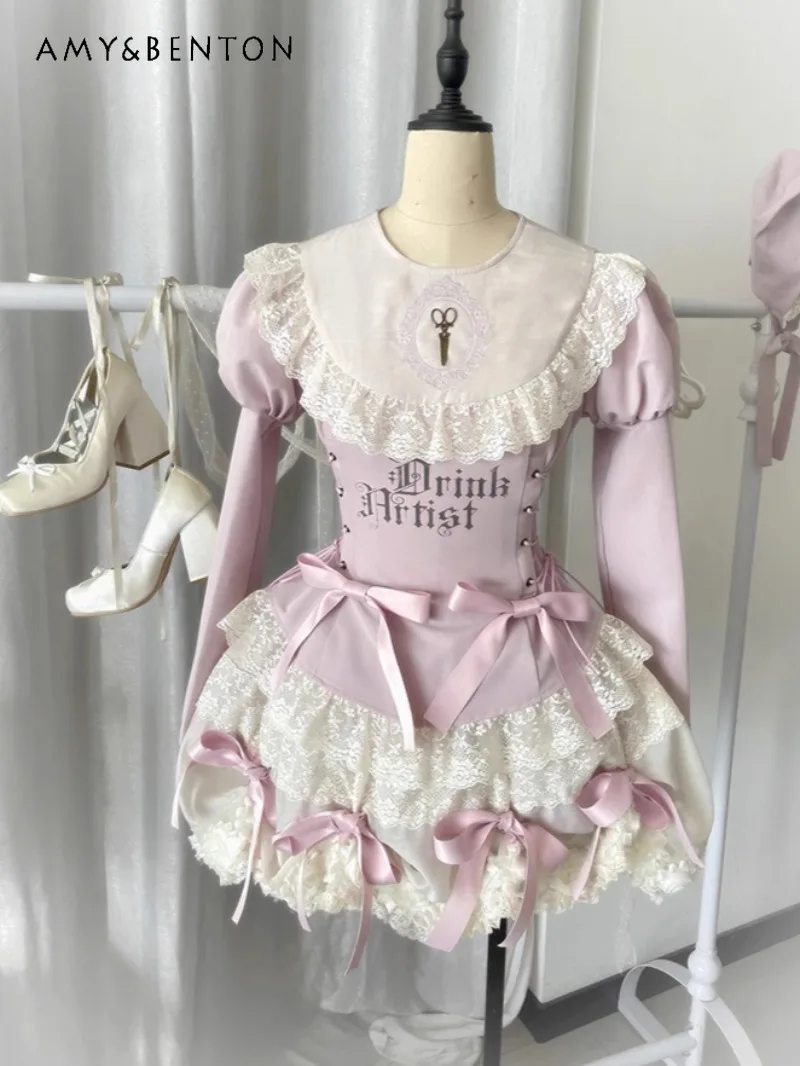 الحلو كول الوردي المطبوعة الدانتيل التعادل ضئيلة طويلة الأكمام رفع هيم قميص كعكة تنورة مجموعة ثقافة فرعية القوطي قطعتين مجموعات الملابس النسائية #1