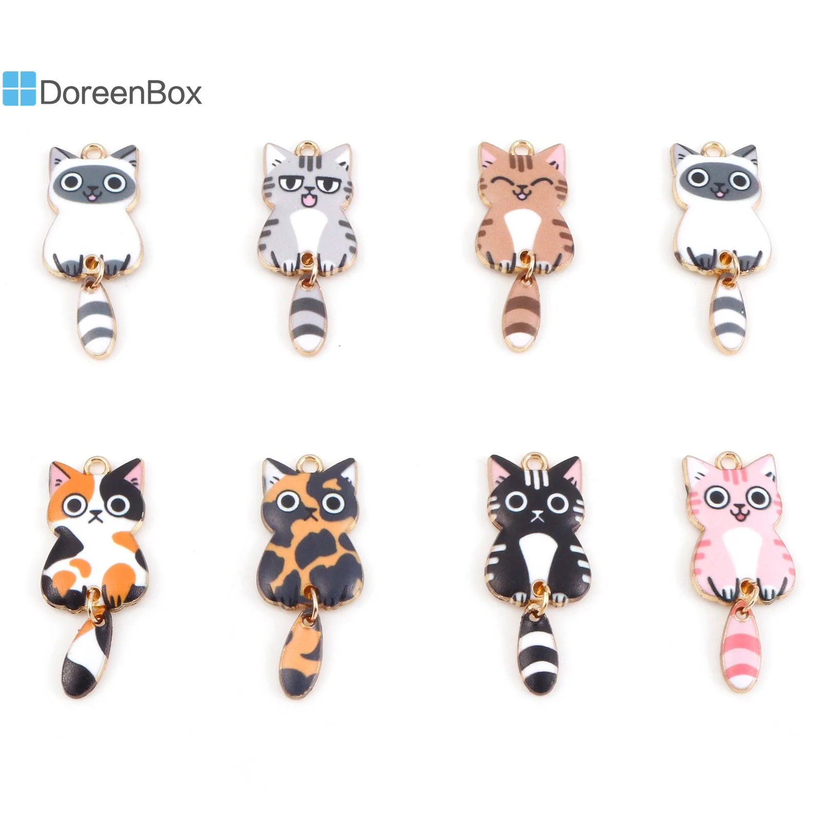 10PCs Cute Cartoon Cat  Enamel Animal Pendants Multicolor Gold Color Metal Charms DIY Earrings Necklace Jewelry 3.9cm x 1.6cm