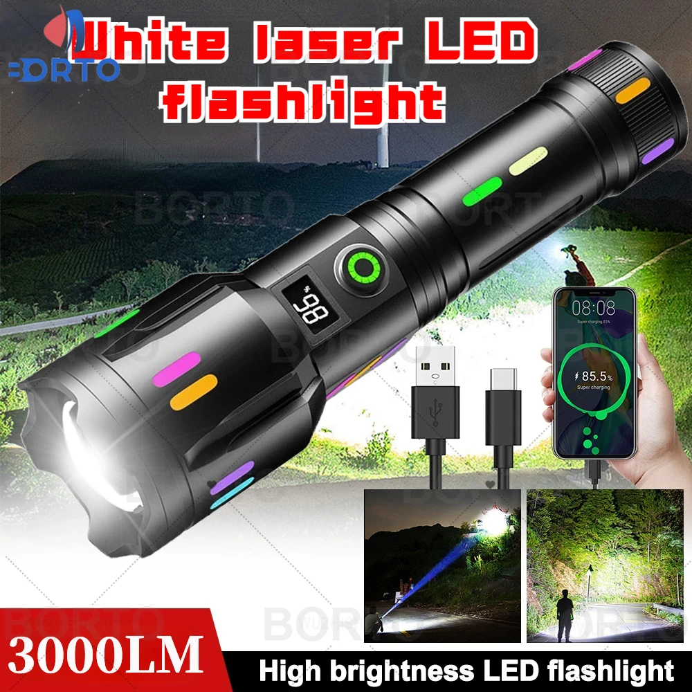 

3000LM Long-Range White Laser Flashlight USB Rechargeable Waterproof Camping Torch 5 Modes Zoomable Lantern with Luminous Strips