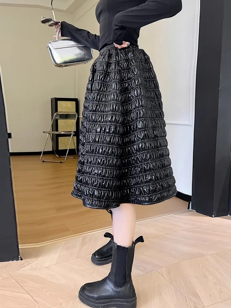 Sweet Ladies High Waist Pleated Ball Gown Mid Long Sheepskin Genuine Leather Skirts Elegant Women French Style Party Skirt 4XL