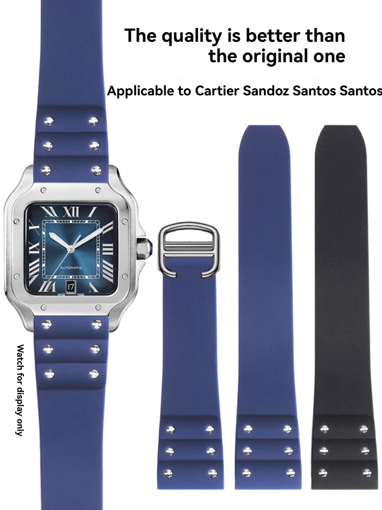 For Cartier Santos 100 Watch Band - 21mm Blue/Black Silicone Rubber Strap - Waterproof Replacement Strap for Santos Series