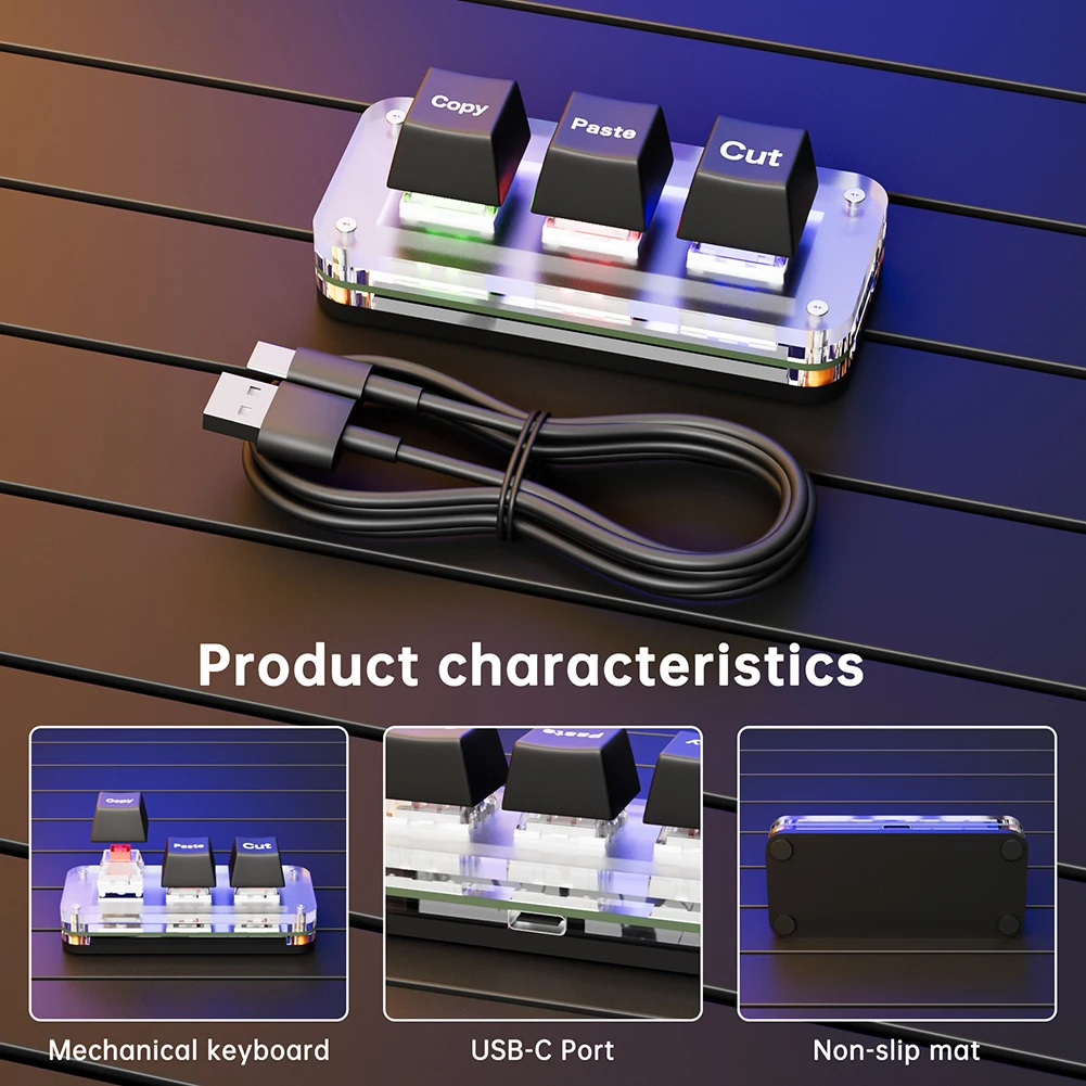 Teclado Mecânico USB Tipo-C com 3 Teclas Macro RGB Ctrl X C V para Jogos e Trabalho