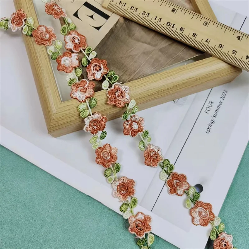 2CM wide Vintage ethnic style orange pink  embroidery lace ribbon dress collar neckline trim clothes curtains DIY sewing decor