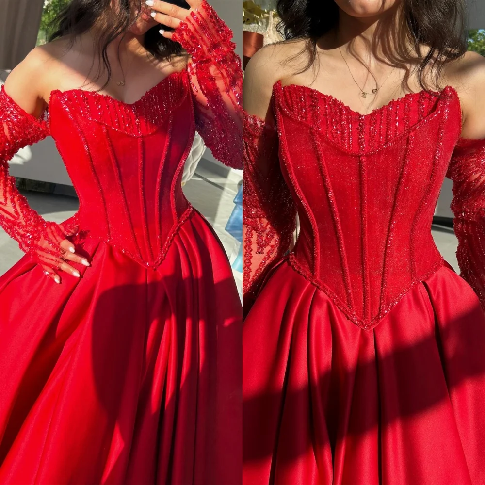 

Customized Modern Red Satin Evening Dresses Temperament Strapless Long Sleeves Homecoming Dresses Luxury Vestido De Festa