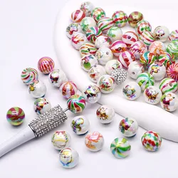 16mm Acrylic Beads Christmas Color Drawn Christmas Tree Santa Claus Round Loose Spacer Beads for Jewelry Making Diy Bracelets