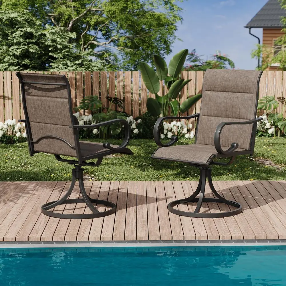 

2-Piece Swivel High Back Padded Outdoor Dining Chair Set, Weather-Resistant Textilene, Suitable for Garden, Porch, Brown