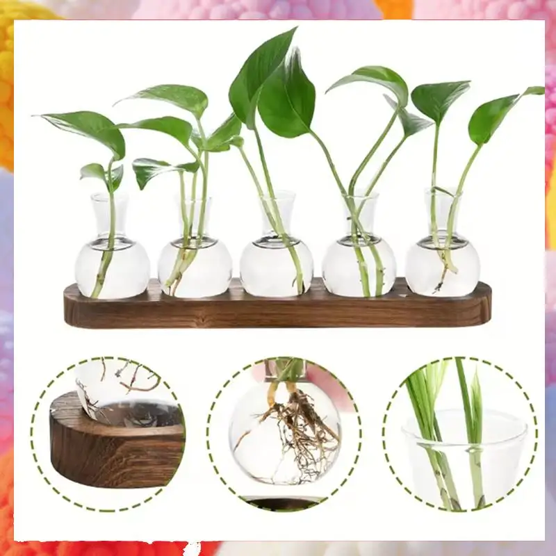 

Plant Terrarium Glass Vase Modern Transparent With Wooden Tray, Indoor Desktop Decor-A83Z