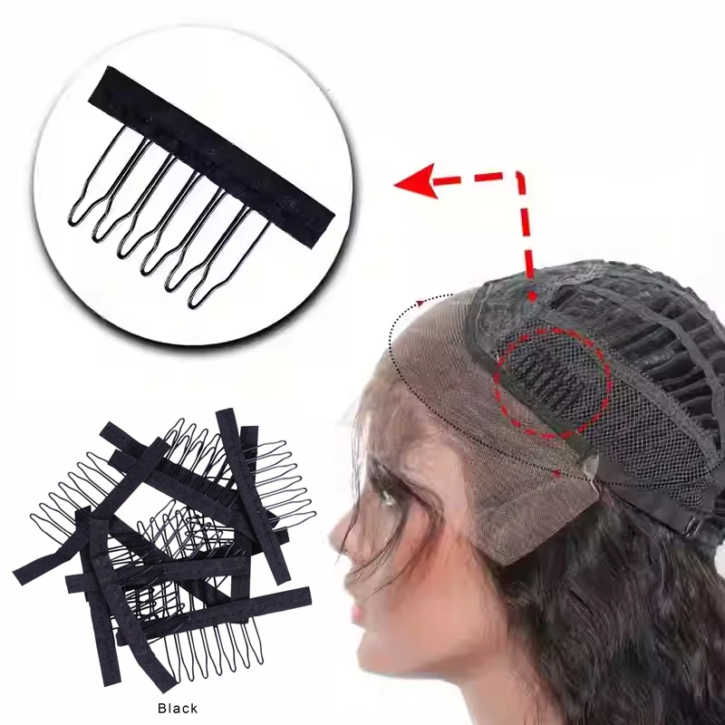 

10Pcs/lot Wig Combs For Making Wig Caps 4/5/6 Teeth Wig Clips Steel Teeth With Cloth For Hairpiece Wig Accessories Tools Black