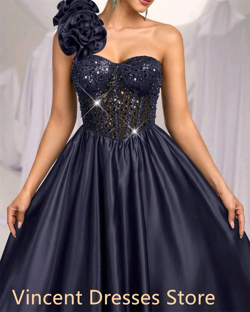 Aangepast temperament puur satijn Celebrity-jurken Elegant / sierlijk strapless kapmouw bloemen Lace Up Robe de soirée