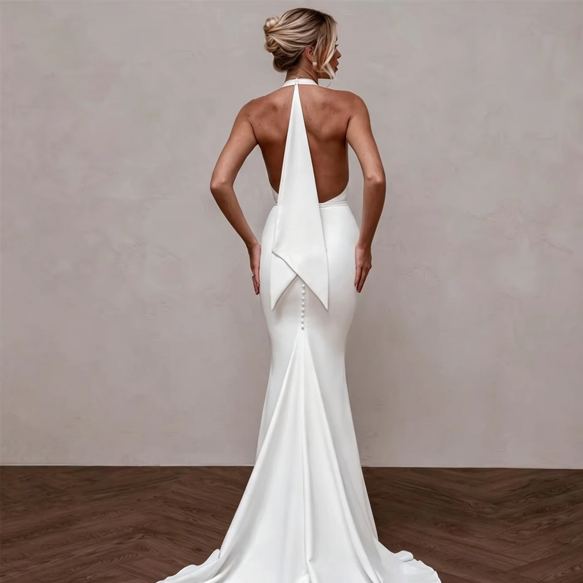 Women Halter Deep V Neck Satin Mermaid Wedding Dress Minimalist Fitted Bridal Gown For City Elopement Civil Wedding Photoshoot