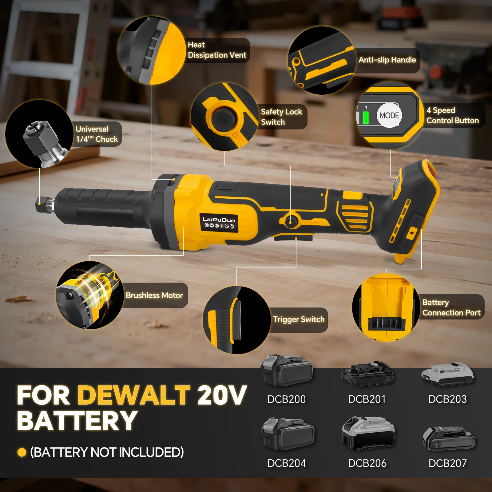 Brushless Die Grinder 25000RPM 4 Variable Speed Metal Grinding Polishing Deburring Die Grinder Tool For Dewalt 20V Battery Pin