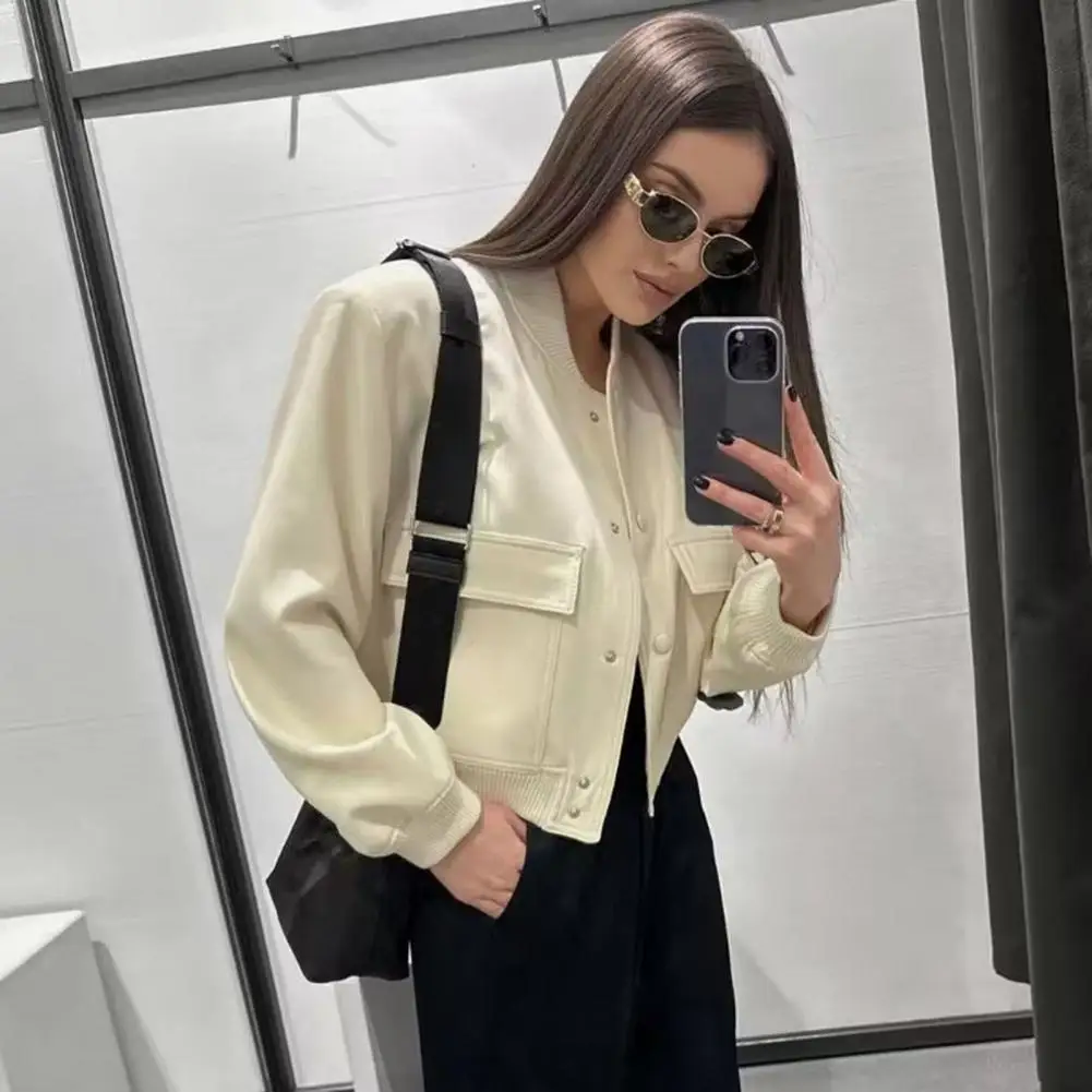 Women Baseball Coat Versatile Women's Fall/winter Coats Stand Collar Multi-pockets Soft Warm with Elastic Cuffs for Any Occasion