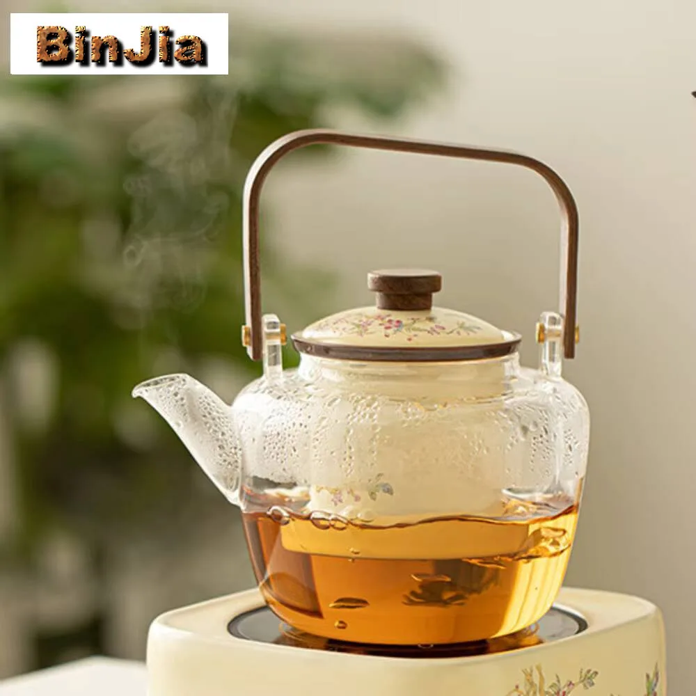 1000Ml Ru Kiln Wisteria Flower Glass Teapot Lifting Beam Pot Electric Stove Tea Cooking Kettle Boiling Water Cha craft supplies