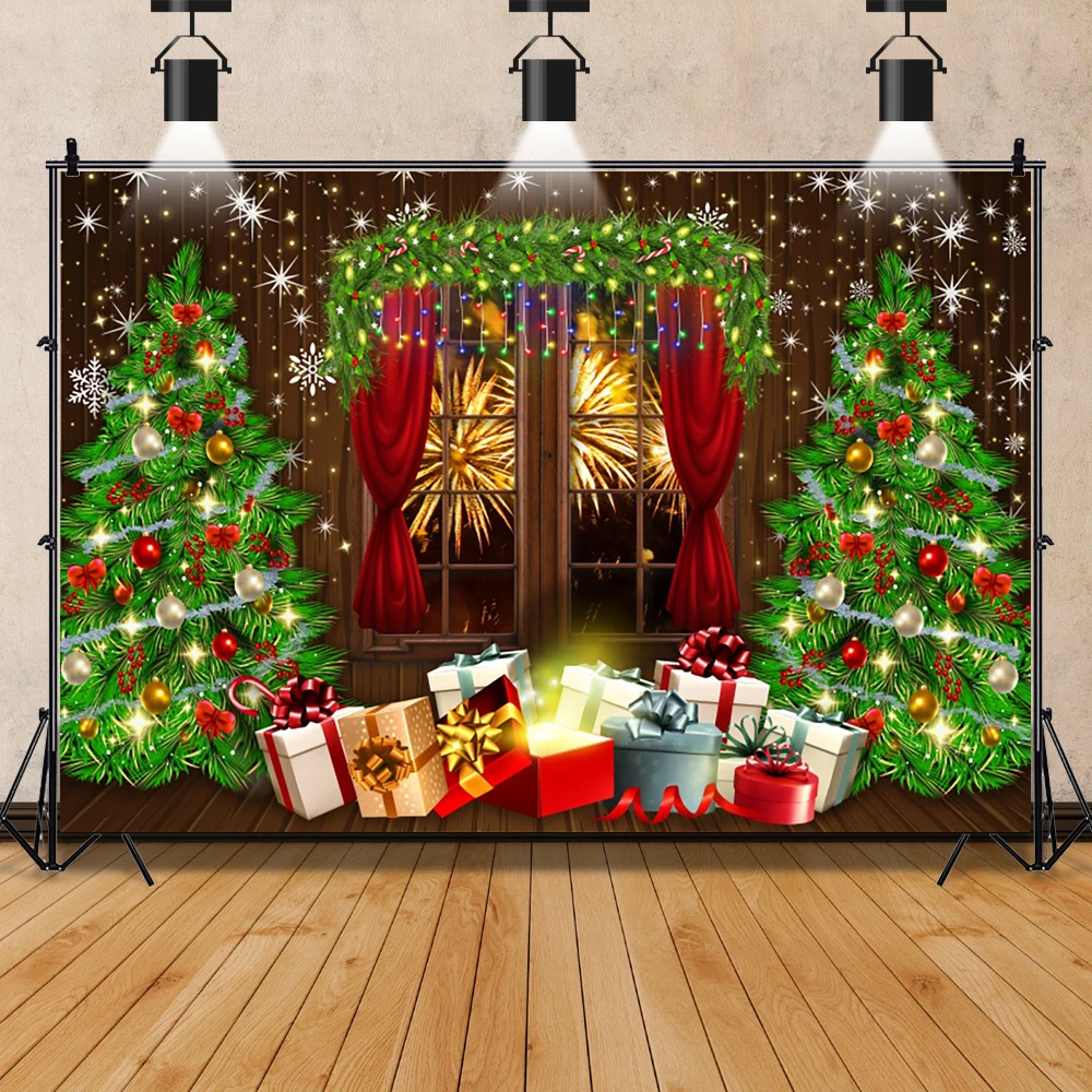 Christmas Tree Gift Backdrop Xmas Bauble Fireworks Window Sill Baby Family Portrait Photography Backgrounds For Photo Studio