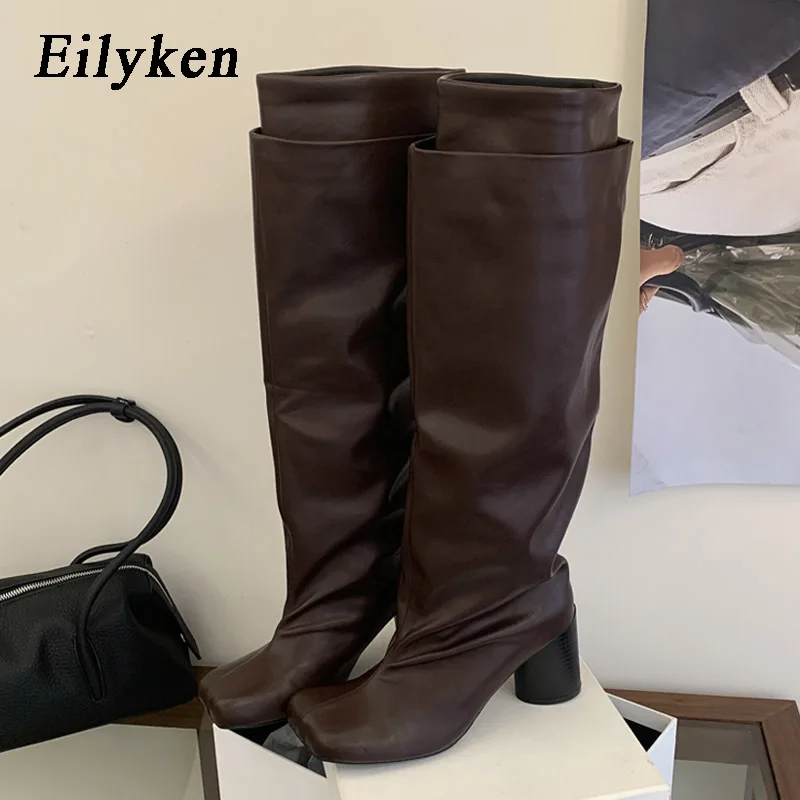 Eilyken Punk Style Design Pleated Splicing Women Knee-High Long Boots Autumn Winter Square Toe Round High Heels Shoes