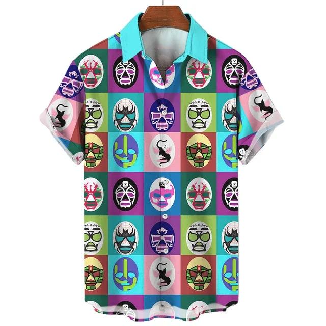Vintage Men\'s Shirt 3d Mexican Wrestling Printed Shirts Short Sleeve Casual Cardigan Clothing For Male Summer Tops Lapel Blouse