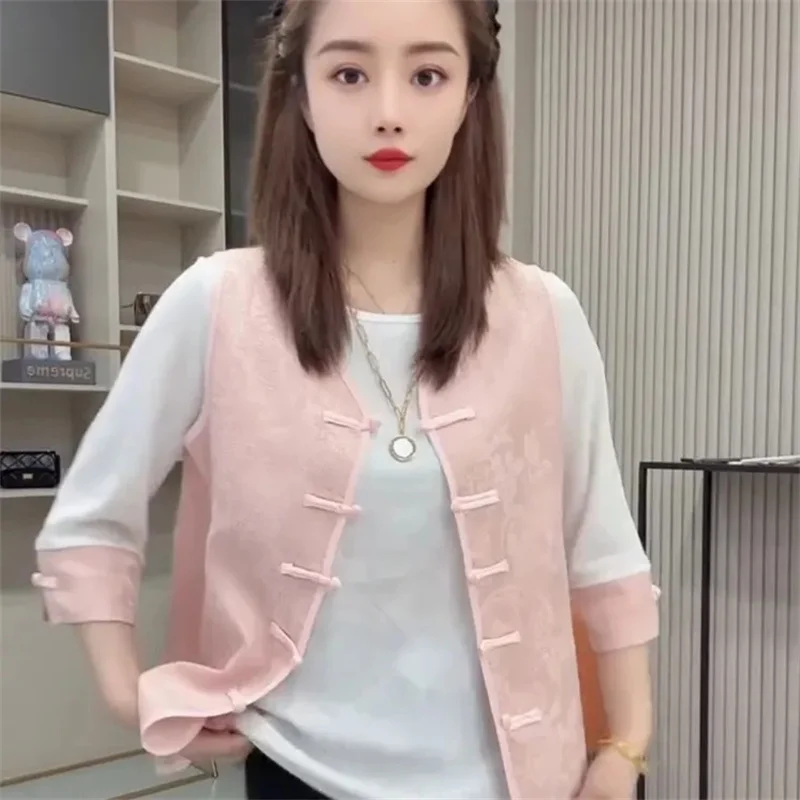 Summer Women Round Neck Seven Divide Sleeves Vest Two-piece Set Ladies Waistcoat 2PCS Korean Femme Fashion Large Size 4XL T-shir