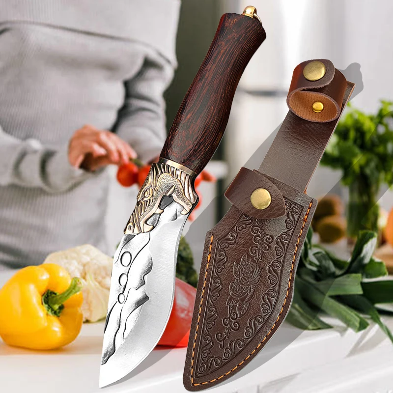 Boning Knife Wood Handle Chef Slicing Knife Vegetables Fruit Paring Fish Knife Forged Meat Cleaver Butcher Knife with Sheath