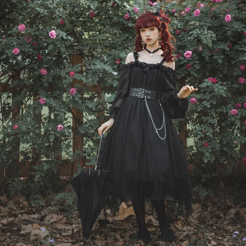 

Black Vintage Gothic Lolita Dress Victorian Girly Anime Cosplay Clothes Irregular Mesh Dress Long Sleeve Halloween Party Dresses