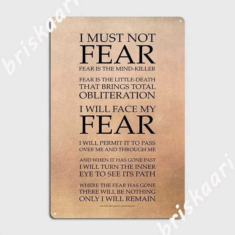 Fear Is The Mind Killer Dune Litany Poster Metal Plaque Funny Wall Decor Cave Pub Wall Mural Tin Sign Poster