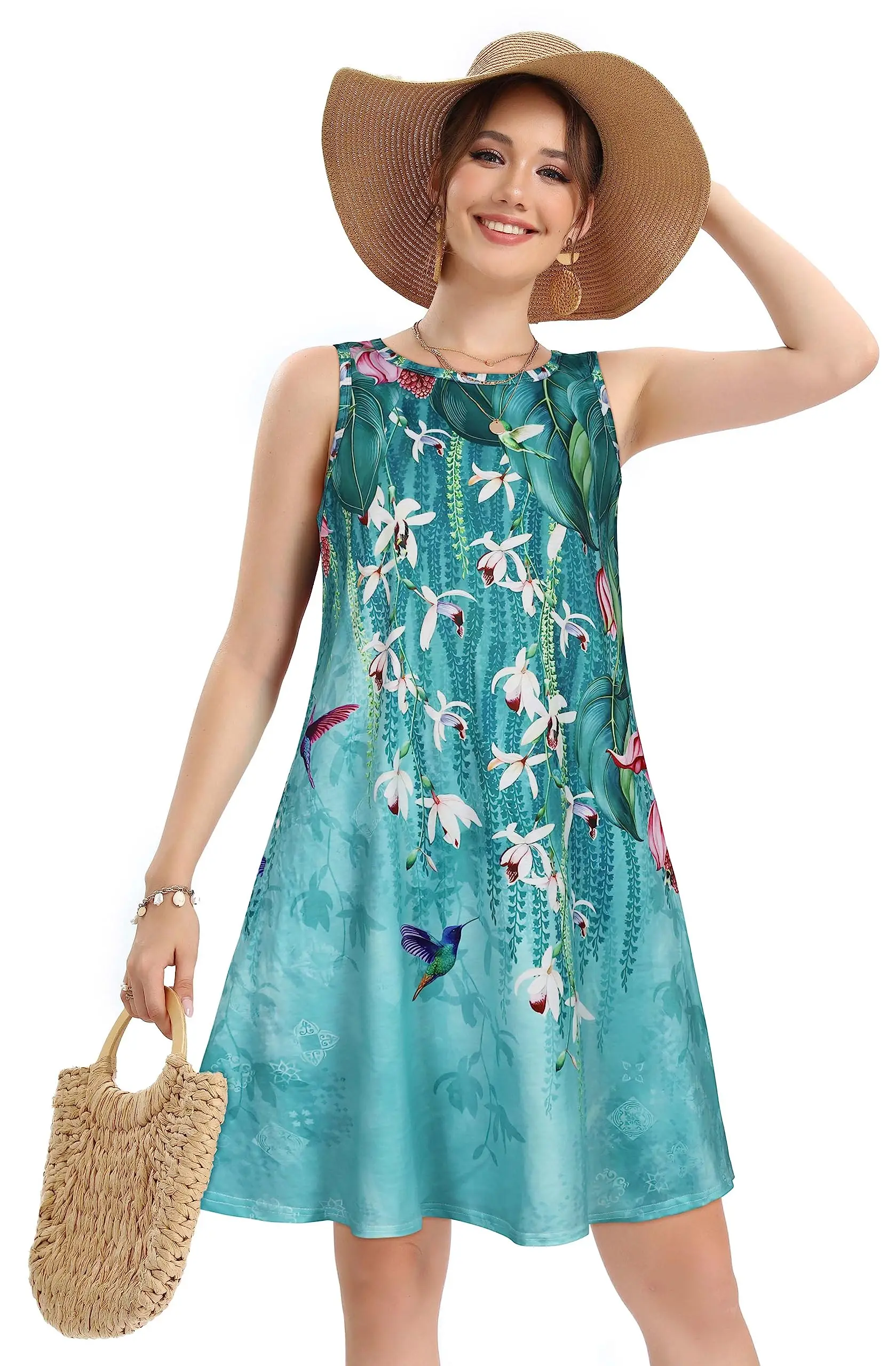 Drooping daffodil print ladies casual fashion sleeveless vest with loose skirt with pockets. Elegant evening gown for women