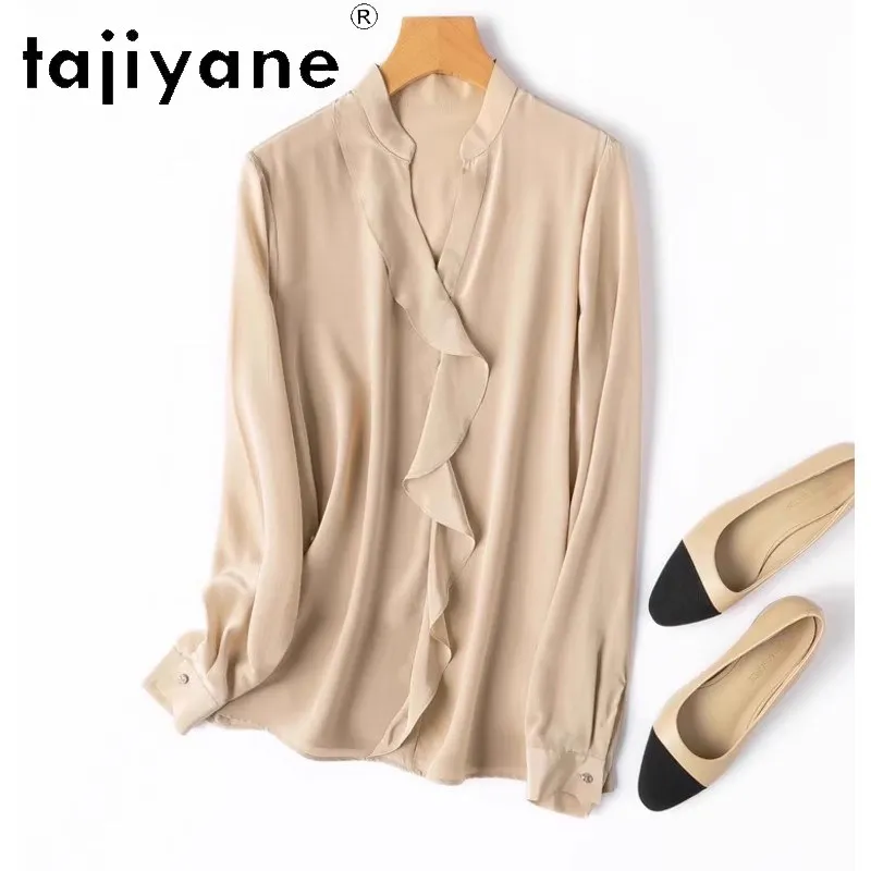

TAJIYANE 100% Шелковая блузка из тутового шелкопряда, женская элегантная рубашка с V-образным вырезом и длинным рукавом, с рюшами, в офисном стиле, женские топы, весенняя коллекция 2026, jirai