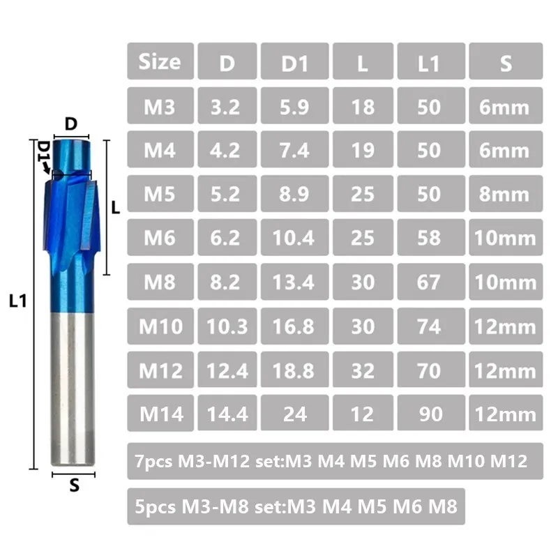 Counterbore End Mill Tools HSS M3-M16 Pilot Slotting Blue Coated 4 Flutes Countersink Milling Cutter Woodworking Tools