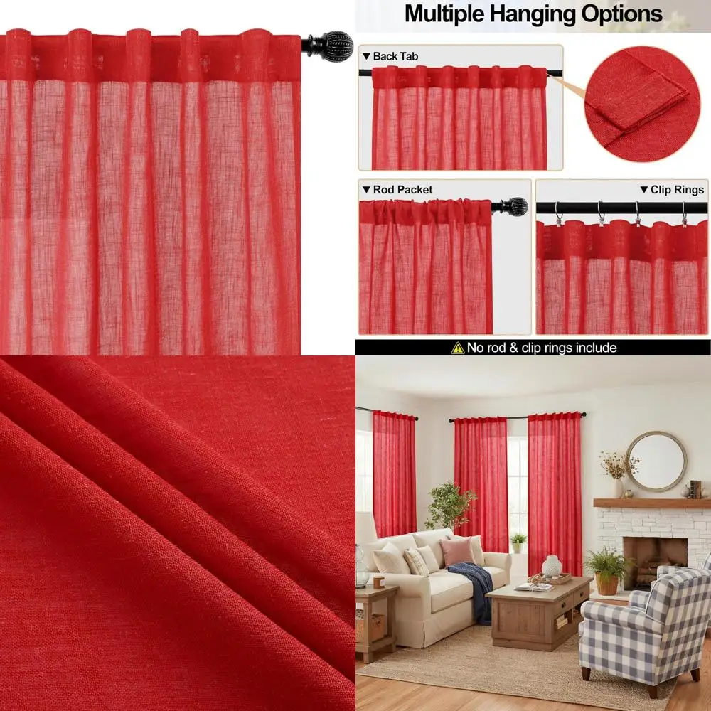 

Red 120-Inch Semi-Sheer Linen Curtains, 2-Panel Light Filtering Drapes with Rod Pocket and Back Tab for Living Room, Bedroom, Fa