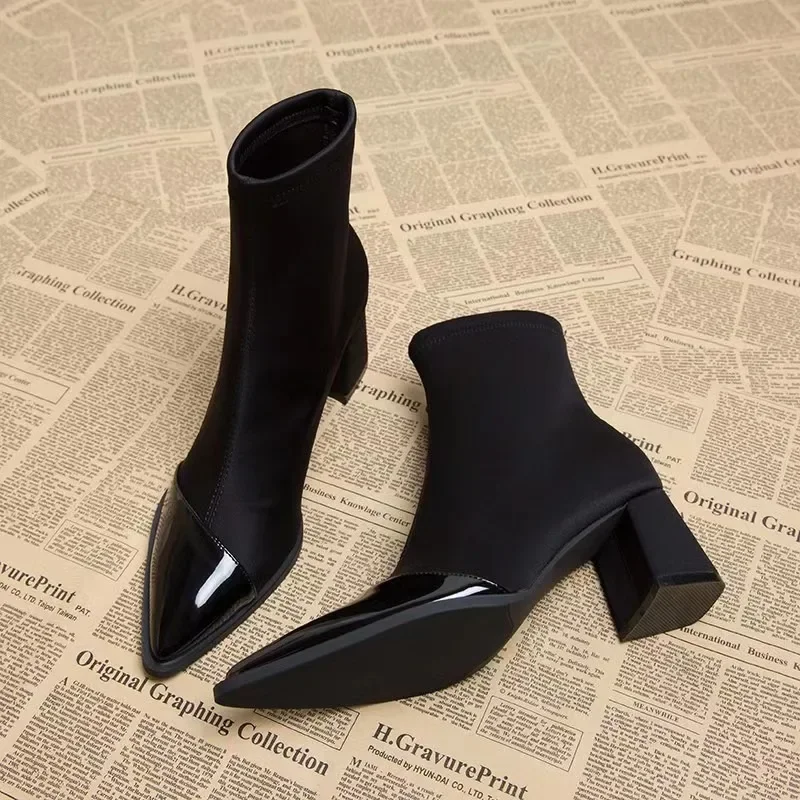 2025 Comfortable Patchwork Elastic Fabric Women\'s Ankle Boots Pointed Black Brown Women\'s Pointed Thick Heel High Top Slim Boots