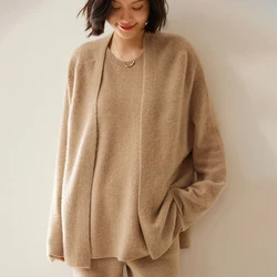 Autumn Winter 100% Cashmere Sweater Cardigan V-Neck Women's High Quality Thick Cardigans Female Loose Large Size Knitted Coat