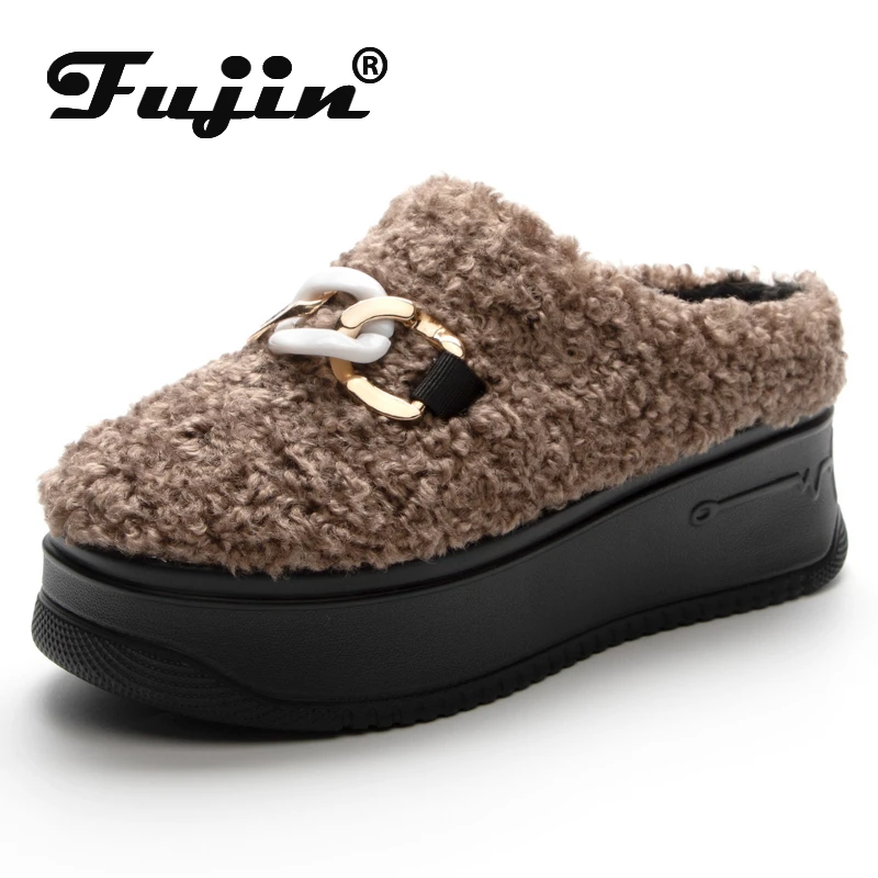 Fujin 7.5cm New Synthetic Leather Winter Plush Platform Wedge Women Fashion Slippers Warm Slides Women Lady Autumn Spring Shoes